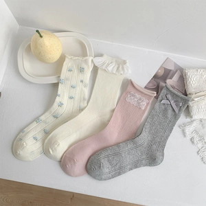 Mid Calf Socks Women Cotton Blend Sweet Lace Trim Bow Decor Floral Pattern Ruffle Edge Ribbed Knit Japanese Style Kawaii