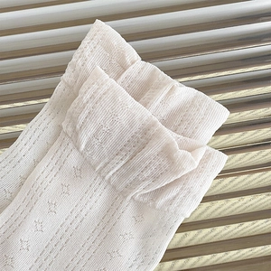 Detailaufnahme von weißem Strickmuster mit Lochmuster und Rüschenrand an Socken