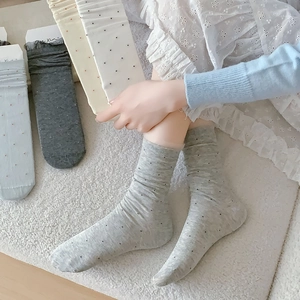 Lace ruffle trim mesh socks with polka dot pattern in multi-color four pair set