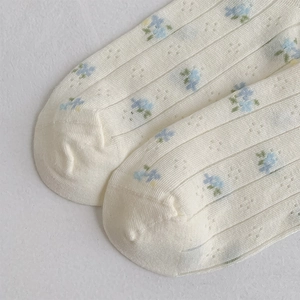 Detail of cream pointelle knit socks with blue floral pattern and vertical rib texture