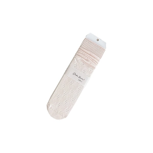 Pink knit mid-calf socks for women with delicate hollow patterns and soft cotton texture