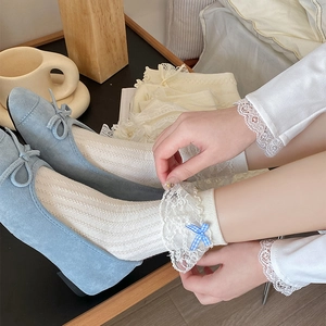 Chaussettes en dentelle Lolita avec nœuds bleus et chaussures plates en daim bleu clair