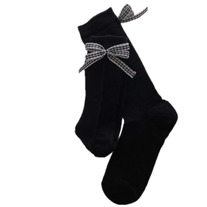 Calzini neri a costine con fiocco a scacchi bianchi per donna in stile balletto