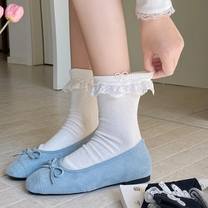 Close-up of white lace trim socks with pearl bow details and blue ballet flats