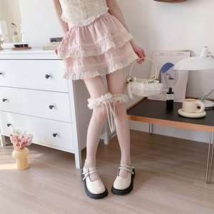 Lolita style white lace mesh fishnet socks with bows and white platform Mary Jane shoes
