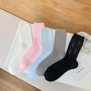 Women Mid Calf Socks Cotton Blend Ribbed Shiny Rhinestone Slouchy Breathable Korean Fashion Style