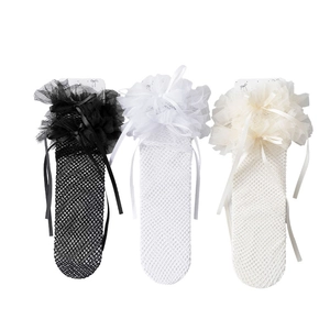 Lace mesh Lolita bow socks in black, white and beige colors for a sweet princess style