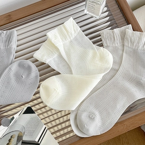 Nahaufnahme weißer Strick-Netzsocken mit Sternenmustern und gerüschten Bündchen