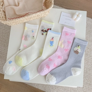 Women Crew Socks Cotton Mesh Breathable Lightweight Japanese Style Cartoon Dog Bear Embroidery Sweet Girls