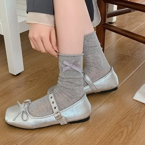 Japanese style grey cotton socks with purple bow knot and silver metallic flat shoes