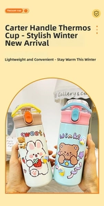 Detail of insulated water bottles with cartoon rabbit and bear designs and carry handles