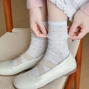 Close-up of white lace mesh socks with black polka dots paired with Mary Jane shoes
