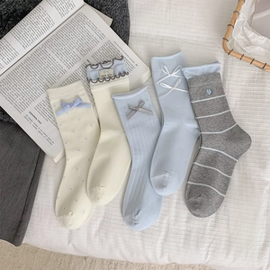 Women Crew Socks Cotton Knit Bowknot Ruffle Trim Heart Embroidery Stripe Polka Dot Japanese Kawaii Sweet Academy Style