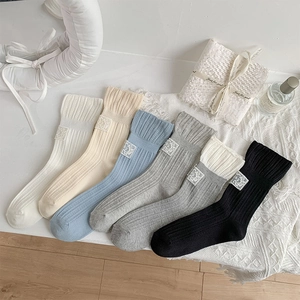 Women Mid Calf Socks Cotton Ribbed Lace Trim Lucky Label Sweet Japanese Style Breathable Casual Hosiery Girls