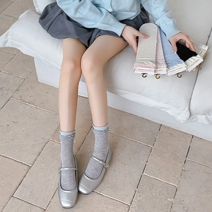Pastel ruffled cotton crew socks set in grey pink and blue with wavy edge cuffs