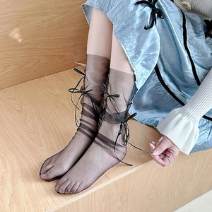 Damen Netzsocken im japanischen Stil mit schwarzer Schleife aus transparentem Mesh