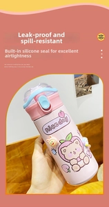 Detail of pink cartoon kids water bottle with leak-proof silicone ring and straw