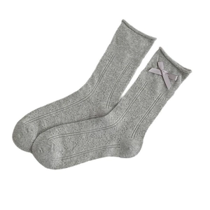 Gray Japanese style lace mesh socks with ribbon bow and floral knit patterns