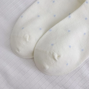 Detailed macro shot of white cotton socks featuring light blue polka dots and rib texture
