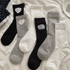 Chaussettes Mi-Mollet Femmes Coton Côtes Mesh Respirant Dentelle Broderie Cœur Style Japonais Doux