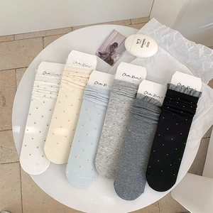 Women Crew Socks Cotton Mesh Polka Dot Pattern Lace Ruffle Trim Sweet Korean Style Breathable Mid Tube Hosiery