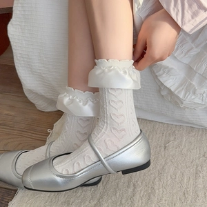 Women Lolita Mid Calf Socks Cotton Heart Jacquard Satin Ruffle Trim Sweet Japanese Style Kawaii