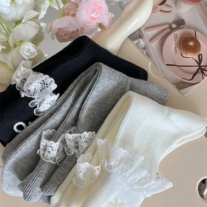Detail of lace trim and pearl accents on elegant knit knee-high socks in three colors