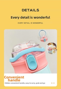 Detail of pink lid with light blue silicone hidden handle on a cartoon insulated bottle