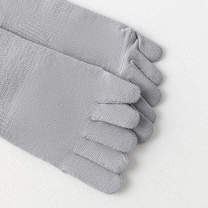 Close-up of gray five-finger toe socks showing premium knit texture and separated toes