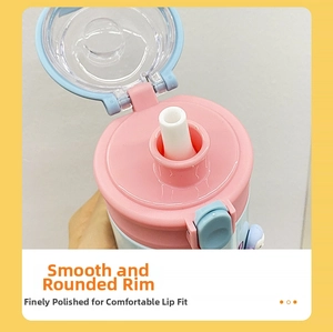 Detail of rounded smooth rim and straw lid of 304 stainless steel kids water bottle