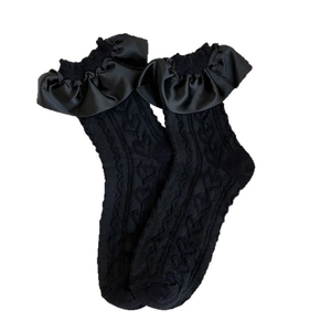 Japanese style black heart knit crew socks with elegant satin ruffle lace trim