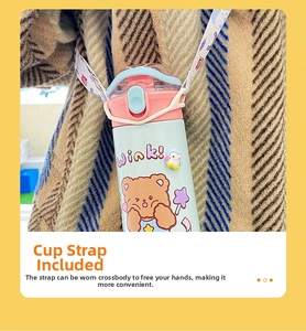 Detail of mint green cartoon thermos with pink lid and adjustable bear pattern strap
