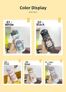 Detail view of five assorted cartoon insulated stainless steel water bottles with carry loops