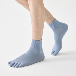 Light blue five-finger mid-calf sports socks with breathable knitted texture