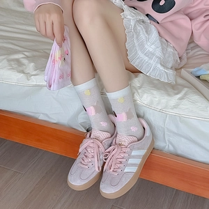 Pink mid-calf mesh socks with cute cartoon bear pattern and breathable mesh texture