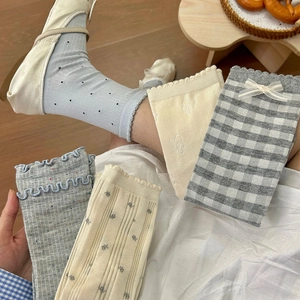 Detail of five different Japanese style floral and polka dot patterns on cotton socks