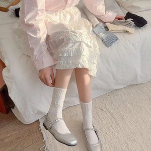 Sweet lace-trimmed cotton crew socks for women in white, blue, and black colors