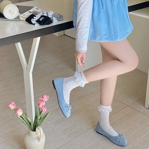 Sweet balletcore light blue flats with ribbon bow and white lace trim socks set
