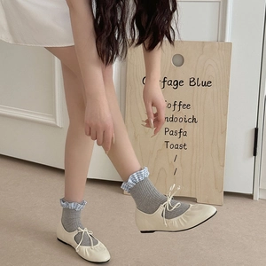 Japanese style beige ballet flats with grey socks and blue plaid lace ruffle trim