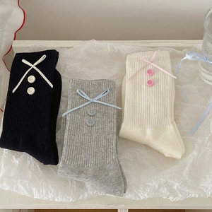 Women Mid Calf Socks Cotton Ribbed Knitted Japanese Sweet Style With Ribbon Bow And Decorative Buttons Hosiery