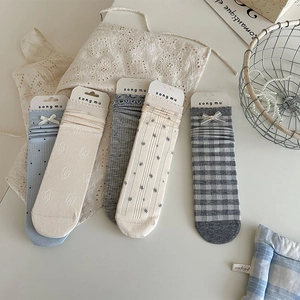 Women's Japanese Style Cotton Blend Crew Socks With Bow Polka Dots Floral Plaid Wood Ear Trim Sweet Soft Breathable