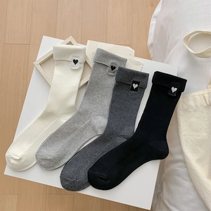 Women Cotton Ribbed Mid Calf Socks Asymmetric Heart Embroidery Letter Label Breathable Preppy Style Casual