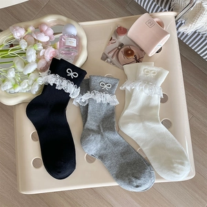 Women Mid Calf Socks Cotton Ribbed White Lace Trim Artificial Pearl Bow Sweet Lolita Style Japanese Korean JK Apparel