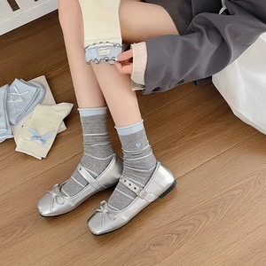 Cute bow girl crew socks with heart embroidery and stylish silver Mary Jane shoes