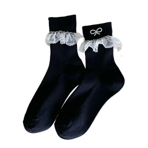 Black mid-calf socks with white lace trim and pearl bow accent in sweet Lolita style