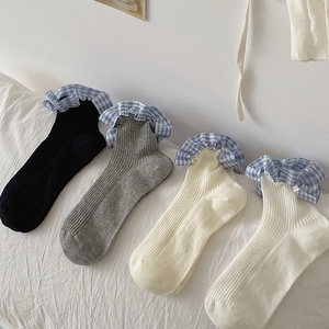 Women Mid-Calf Socks Cotton Ribbed Gingham Ruffle Edge Sweet Japanese Style JK Ballet Breathable Casual For Girls