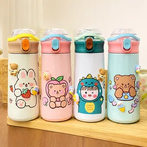 Cartoon 304 Stainless Steel Vacuum Flask Portable Leak-proof Insulated Water Bottle With Straw For School Kids Students