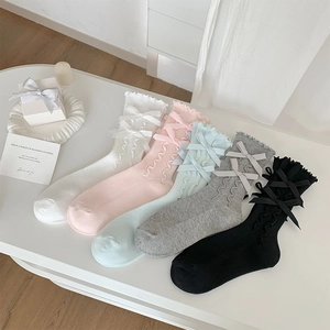 Women Cotton Blend Crew Socks Japanese Style Sweet Ribbon Bow Ruffle Edge Ribbed Knit Lolita Hosiery