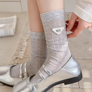 Breathable light grey mesh crew socks with fashion triangle logo and vertical stripes