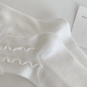 Macro detail of white ribbed socks featuring ruffled edges and delicate silk bows
